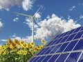 Wind turbine, solar panel and sunflowers Royalty Free Stock Photo