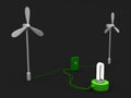 2 wind turbine and stun gun. and electric bulb on black background Royalty Free Stock Photo