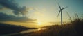 Wind turbine sunset landscape with river and mountains Royalty Free Stock Photo