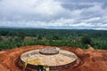 Wind turbine tower construction with beautiful landscape and blue sky