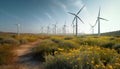 Wind turbine turning, generating electricity from wind power in rural landscape generated by AI Royalty Free Stock Photo