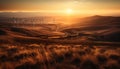 Wind turbine turning on mountain range, powering rural farm equipment generated by AI Royalty Free Stock Photo