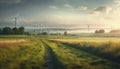 Wind turbine turning, powering farm with green energy generated by AI Royalty Free Stock Photo