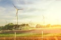 Wind turbine yellow field nature concept with burning sun Royalty Free Stock Photo