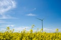 Wind turbine in yellow rapeseed field, background of blue sky and beautiful white clouds, source of alternative energy Royalty Free Stock Photo