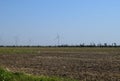 Wind turbines and agricultural field. Energy production, clean and renewable energy Royalty Free Stock Photo