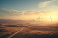 Wind turbines on an arid landscape at sunset