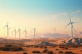 Wind turbines on an arid landscape at sunset