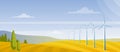 Wind turbines on on the autumn field, flat vector banner illustration. Wind energy converter, baner . Renewable resource
