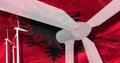 Wind turbines on background of Albania flag. sustainable development, renewable energy, national alternative energy environment