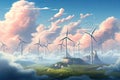 Wind turbines on the background of mountains and clouds. 3d rendering, renewable energy with wind turbines picking out on the