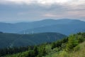 Wind turbines in Bear mountain , view from upper water reservoir of the pumped storage hydro power plant Dlouhe Strane in Jeseniky Royalty Free Stock Photo