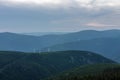 Wind turbines in Bear mountain , view from upper water reservoir of the pumped storage hydro power plant Dlouhe Strane in Jeseniky Royalty Free Stock Photo