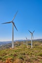 Wind turbines on beautiful sunny summer mountain landscape