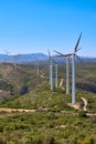 Wind turbines on beautiful sunny summer mountain landscape