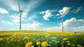 Wind turbines and blooms under a dynamic sky, symbolizing clean energy Royalty Free Stock Photo