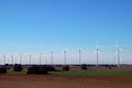 Wind turbines between crop fields in February.
