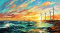 Wind turbines in the sea at sunset. Vector illustration of wind turbines., generative ai Royalty Free Stock Photo