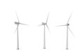 3 wind turbines with different rotation angles isolated on white background - wind energy industrial illustration, 3D illustration Royalty Free Stock Photo