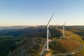 Wind turbines drone aerial view renewable energy on the middle of Serra da Freita Arouca Geopark, in Portugal