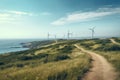 Wind turbines on a dune in the south of England, UK, View from Cape Kaliakra to an offshore wind farm in Bulgaria, AI Generated