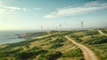 Wind turbines on a dune in the south of England, UK, View from Cape Kaliakra to an offshore wind farm in Bulgaria, AI Generated