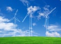Wind turbines farm on green field Royalty Free Stock Photo