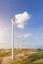 Wind turbines farm on mountanis landscape against blue sky with clouds background,Windmills for electric power ecology concept Royalty Free Stock Photo