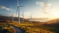 Wind turbines in the field. Alternative energy source. 3D rendering Generative AI