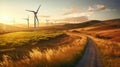Wind turbines in a field a sunrise or sunset over a horizon filled with renewable energy sources like wind turbines and solar Royalty Free Stock Photo