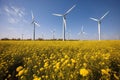 Wind Turbines in a Field of Yellow Flowers and Blue Sky, Generative AI