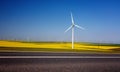 Wind turbines. Fields with windmills. Rapeseed Royalty Free Stock Photo