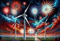 An image of wind turbines and fireworks in the night sky background, generative ai Royalty Free Stock Photo