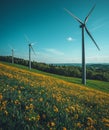 Wind turbines on flower-covered hillside with clear sky and distant forest Royalty Free Stock Photo
