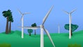 Wind turbines of green field with trees video animation