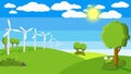 Wind turbines in green fields, Natural Energy concept, Vector illustration Royalty Free Stock Photo