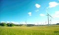 Wind turbines on a green hill with blue sky