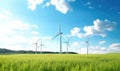 Wind turbines on a green hill with blue sky