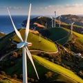 Wind turbines on green hills scenery, renewable eco friendly wind energy generators Royalty Free Stock Photo