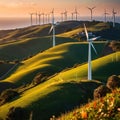 Wind turbines on green hills scenery, renewable eco friendly wind energy generators Royalty Free Stock Photo