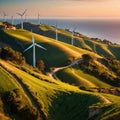 Wind turbines on green hills scenery, renewable eco friendly wind energy generators Royalty Free Stock Photo