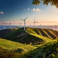 Wind turbines on green hills scenery, renewable eco friendly wind energy generators Royalty Free Stock Photo