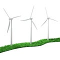 Wind turbines on a green path from a grass