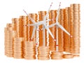 Wind turbines with growing chart from gold coins around. 3D rendering Royalty Free Stock Photo