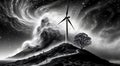 Wind turbines on a hill in the night sky. Vector illustration, generative ai