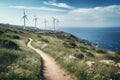 Wind turbines on a hillside with a path leading to the sea, View from Cape Kaliakra to an offshore wind farm in Bulgaria, AI Royalty Free Stock Photo