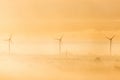 Wind turbines infog and morning light