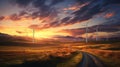 Wind turbines line dirt road during sunset, Wind turbines and dirt road in field at sunset