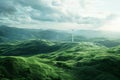 Wind turbines line a verdant hillside under a cloudy sky