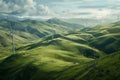 Wind turbines line a verdant hillside under a cloudy sky